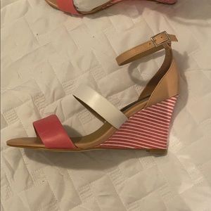 Pink, white and tan wedge sandals